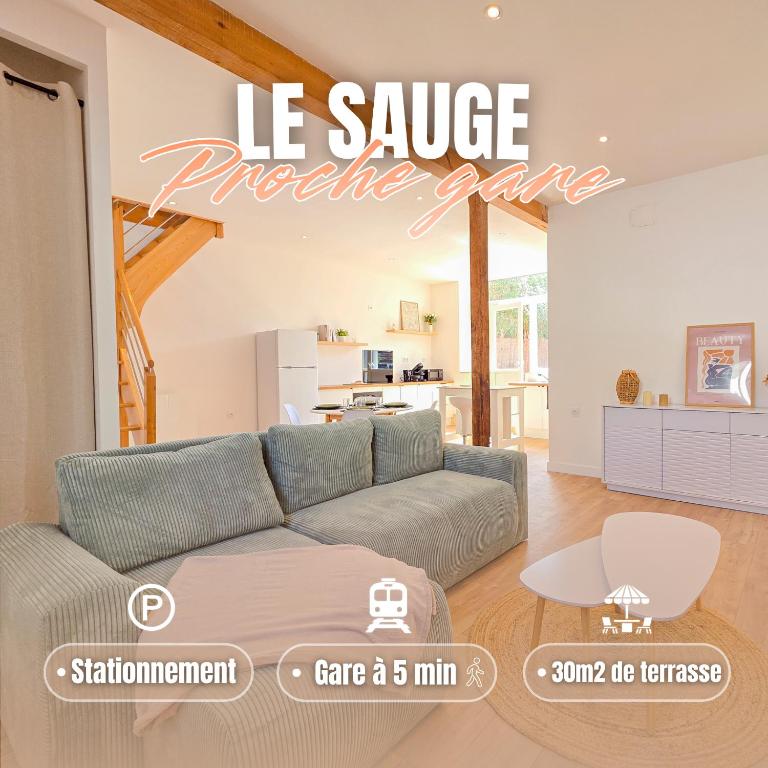 a living room with a couch and a table at Le Sauge, 5 min Gare, Terrasse, Stationnement in Saint-Brieuc