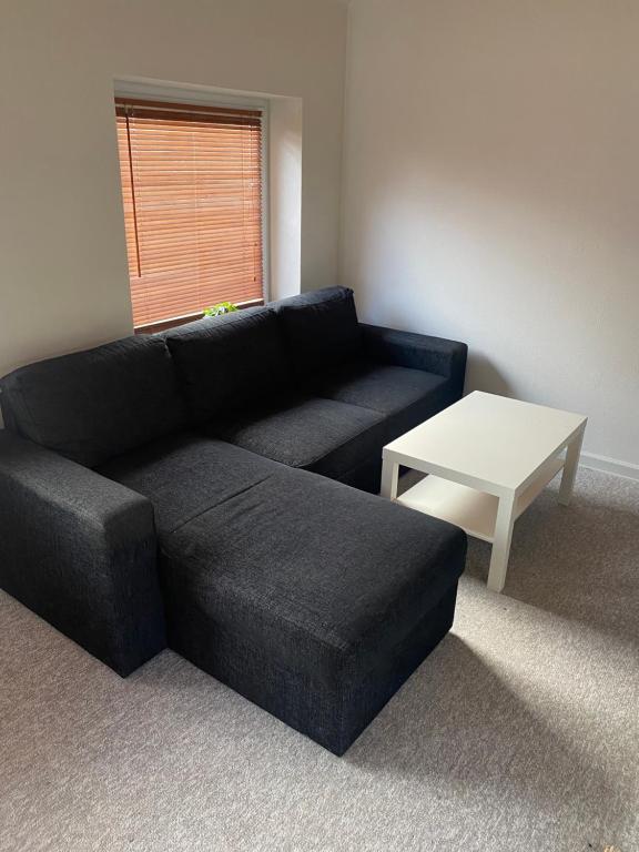 a living room with a black couch and a table at 40 kvm lejlighed in Kjellerup