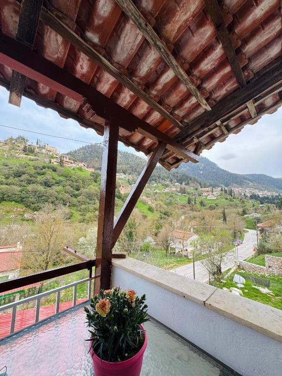 a balcony with a pot of flowers on it at Gaias Hideway in Áno Vlasía