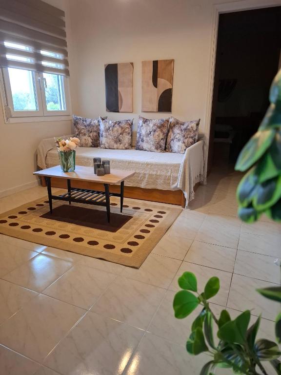 a living room with a couch and a coffee table at Titi's home 2 in Ofrínion