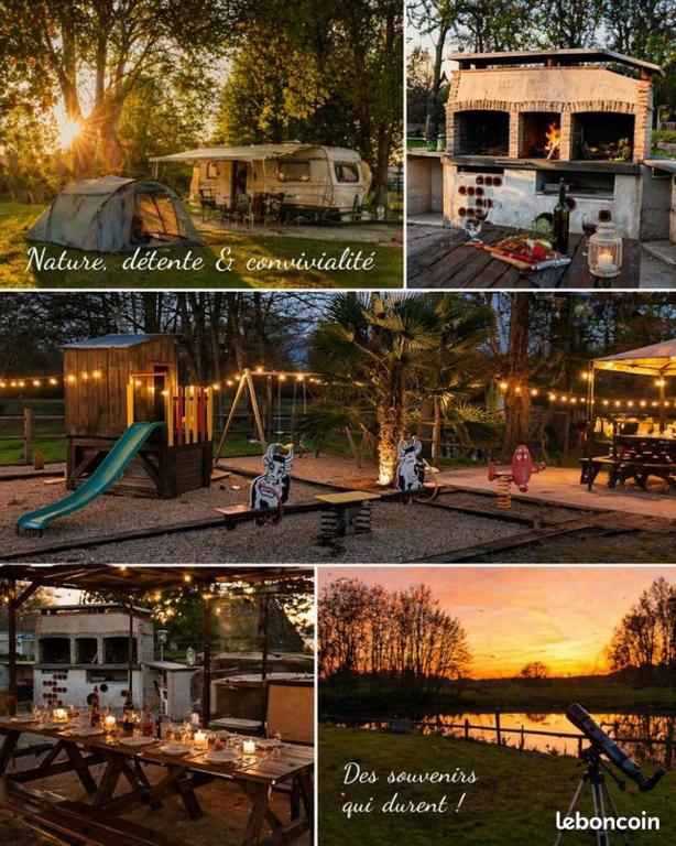 a collage of photos of a park with a tent and a playground at Un emplacement calme in Beaufay