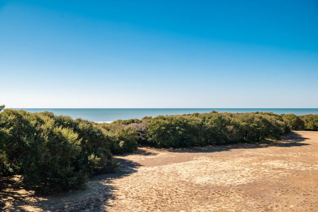 a beach with bushes and the ocean in the background at Castaway by Oak Island Accommodations in Caswell Beach