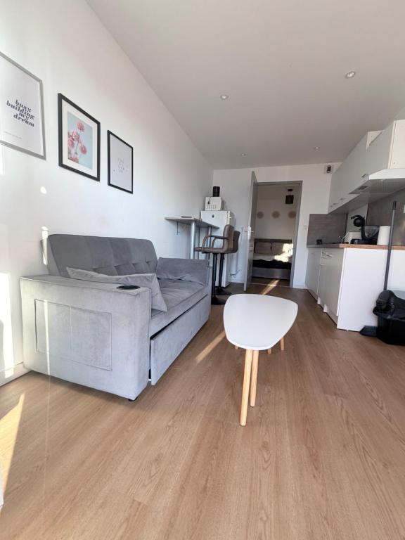 a living room with a couch and a table at Appartement 1 chambre vu sur jardin Appart A in La Roche-sur-Yon