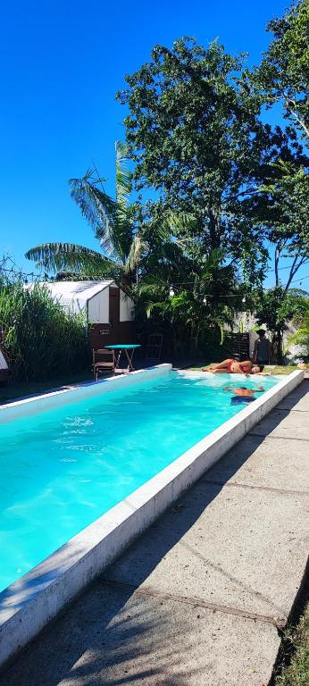 a blue swimming pool with a table and a tree at Chalés & glamping primitivo Búzios in Búzios