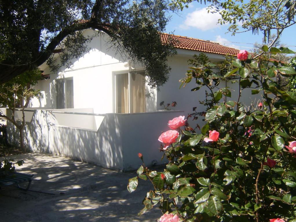 een wit huis met een hek en roze rozen bij Pension Zoi in Kolimbia
