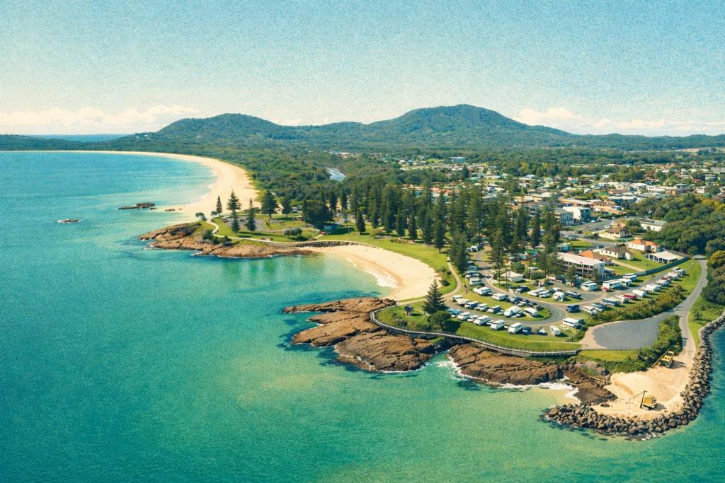 an aerial view of a beach with a resort at Heritage On Horseshoe Guest House in South West Rocks