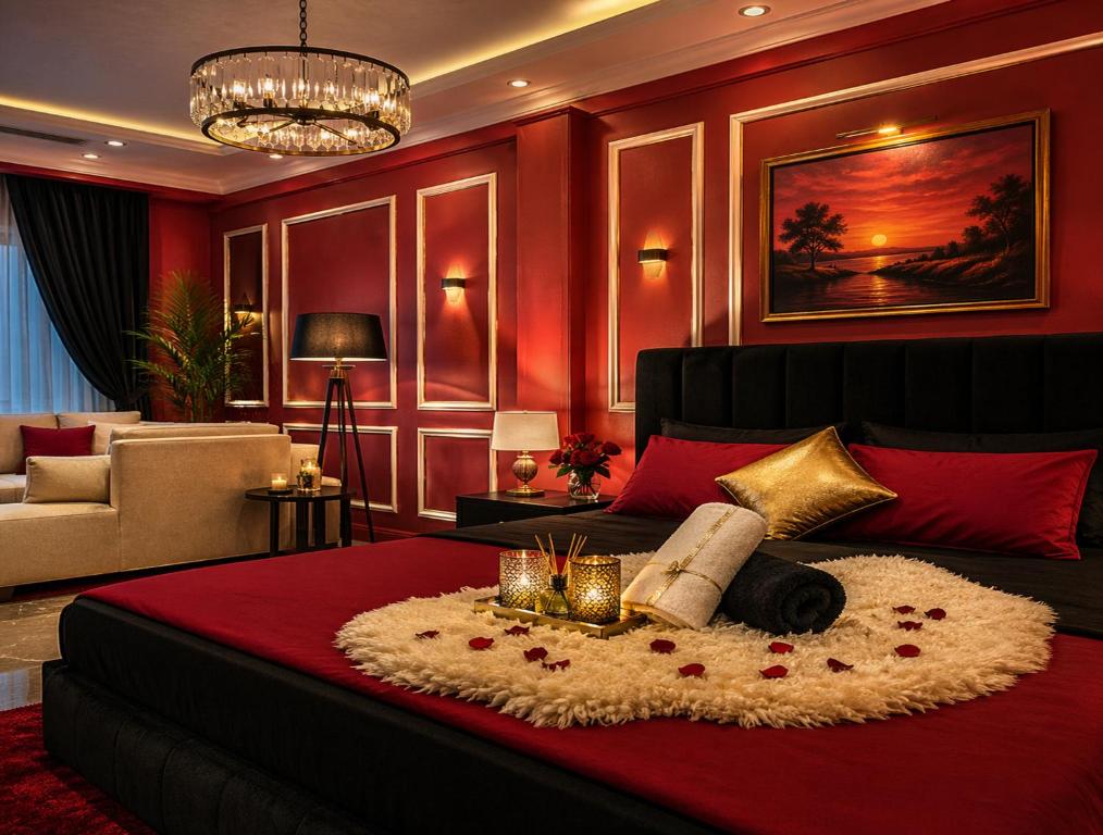 a bedroom with a large bed with red walls at Hotel White Castle Islamabad in Islamabad