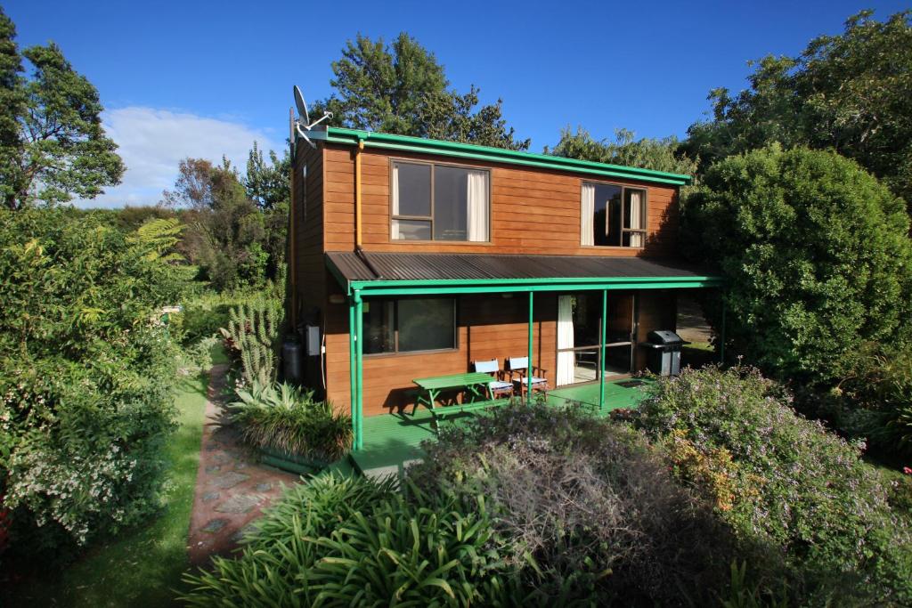 an aerial view of a house with a garden at Capeview Cottage in Opotiki