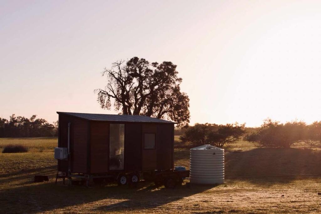 a small house and a water container in a field at Orana Cabin by Tiny Away in Cherry Tree Pool