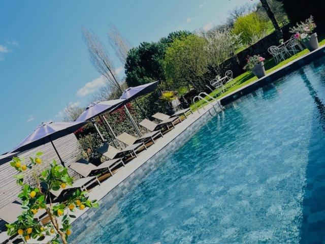 a swimming pool with chairs and umbrellas next to it at La CHARMILLE PADIRAC in Padirac