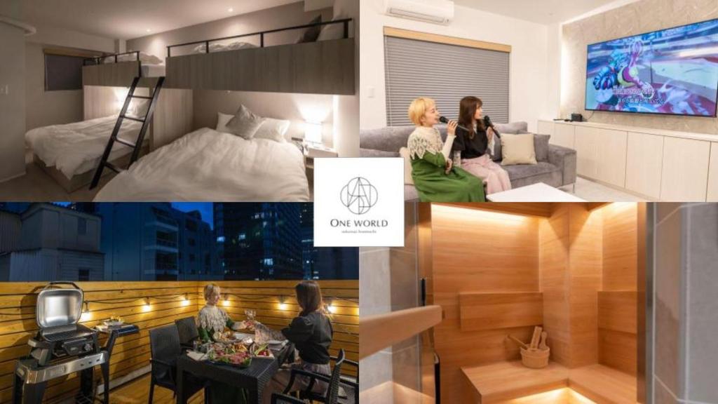 a collage of pictures of a room with a bed and a tv at ONE WORLD Sakaisuji Honmachi in Osaka