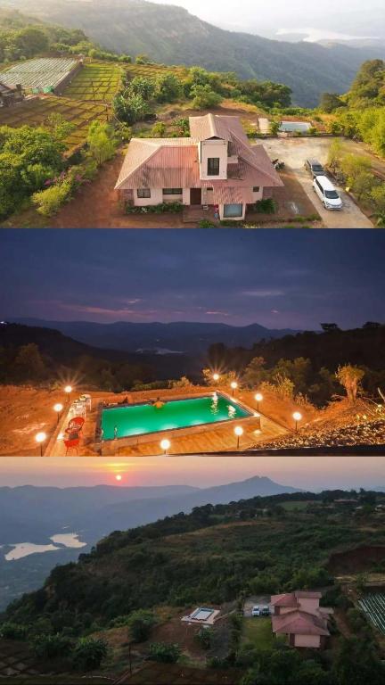 two pictures of a house and a swimming pool at Lifeline Villas - Horizon Backwater Luxe Infinity Pool Villa in Mahabaleshwar