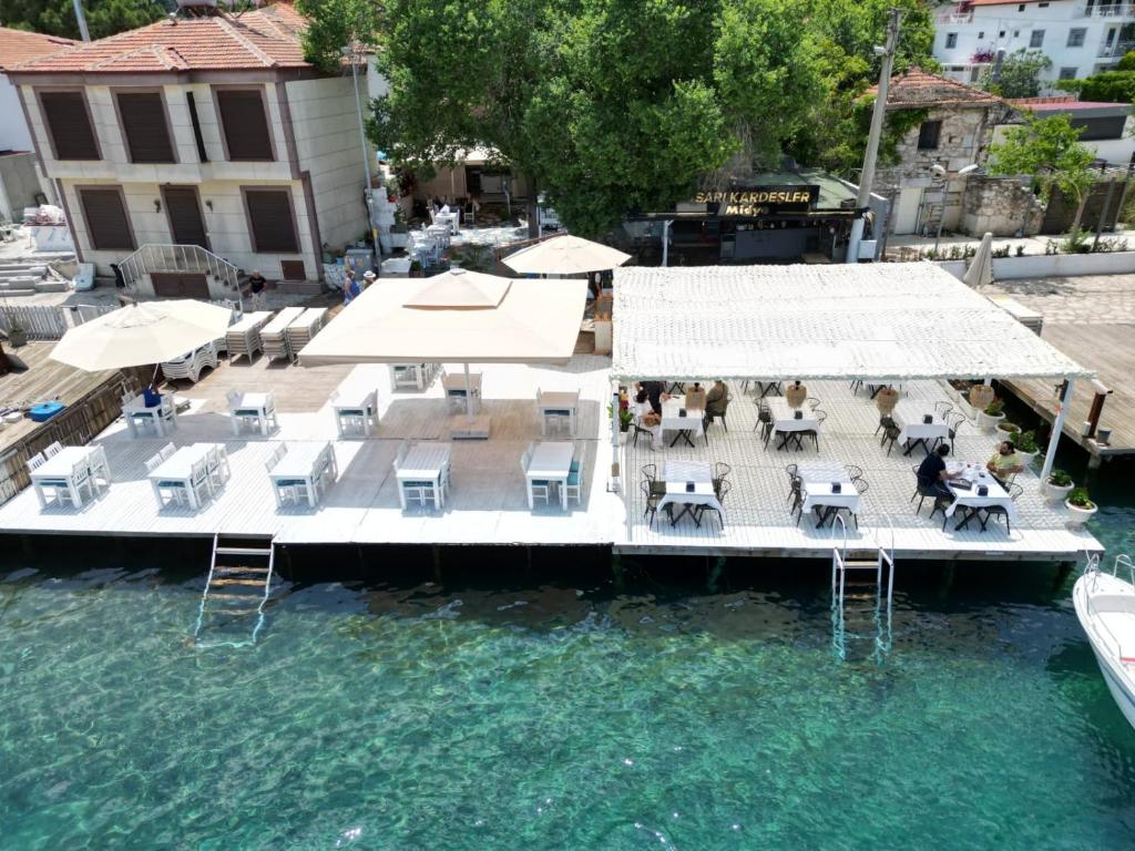 an aerial view of a restaurant on the water at Selimiye Çapkını in Marmaris