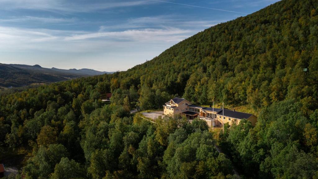 an aerial view of a house in the middle of a forest at Röstavallens Högfjällshotell in Tänndalen
