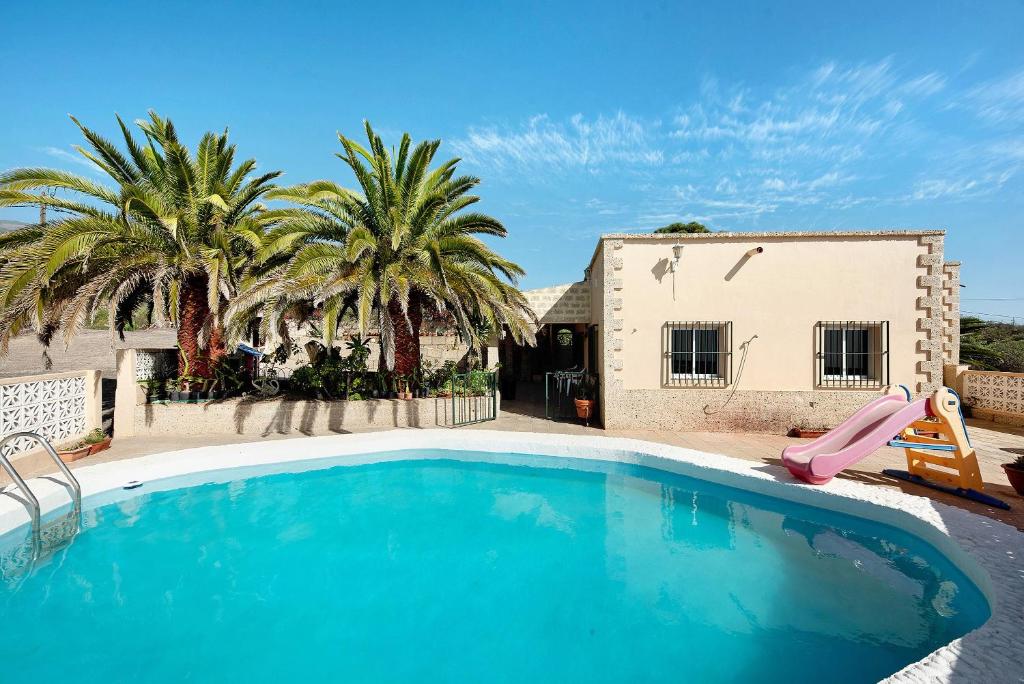 a swimming pool with a slide and palm trees at Finca El Pizarro in Arico