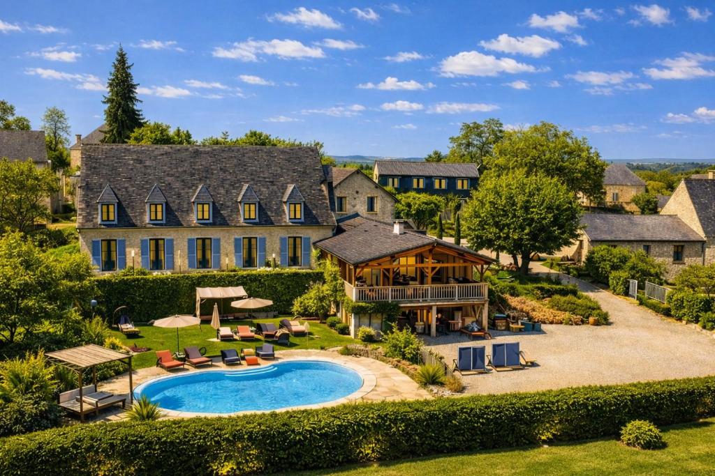 an estate with a swimming pool and a house at Hôtel Bien-Être Aux Cyprès de Marquay-Calme et élégance-Laissez-vous porter par une ambiance chaleureuse où chaque instant compte-Découvrez un havre de paix où nature et confort se marient pour vous offrir une expérience unique- Réservez dès aujourd'hui ! in Marquay