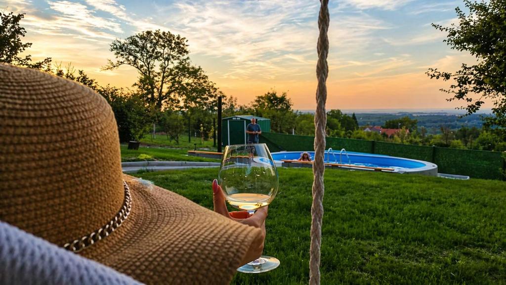 a woman holding a glass of wine next to a pool at Danube Escape with Jacuzzi, Pool & Spacious Yard by Destination GREEN Croatia in Bogaljevci