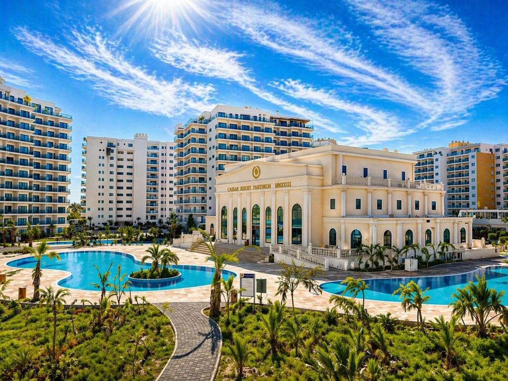 a building with a pool in front of some buildings at Nothern Cyprus Caesar Resort & Spa Collection Pools & Long Beach in Aglantzia