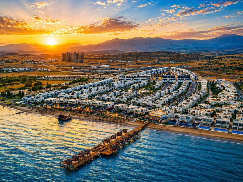 an aerial view of a beach with a marina at Nothern Cyprus Four Seasons Life Collection Apartments & Lofts Seafront in Ayios Dhometios