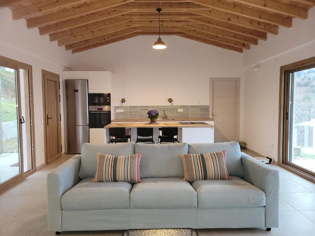 a living room with a couch and a kitchen at Forest and Sea view villas in Samothraki