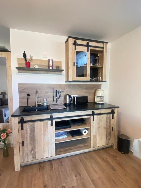 a kitchen with a sink and a counter at Jena Ferienwohnung Campusblick in Jena