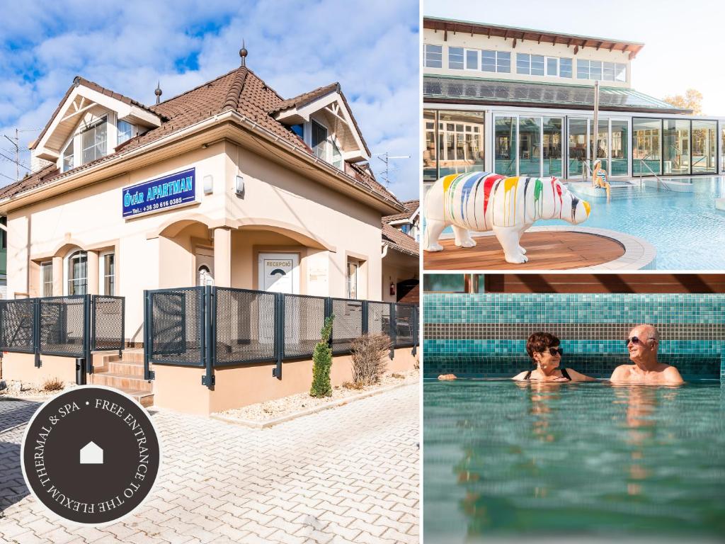 a collage of photos of a house and a swimming pool at Óvár Apartman in Mosonmagyaróvár