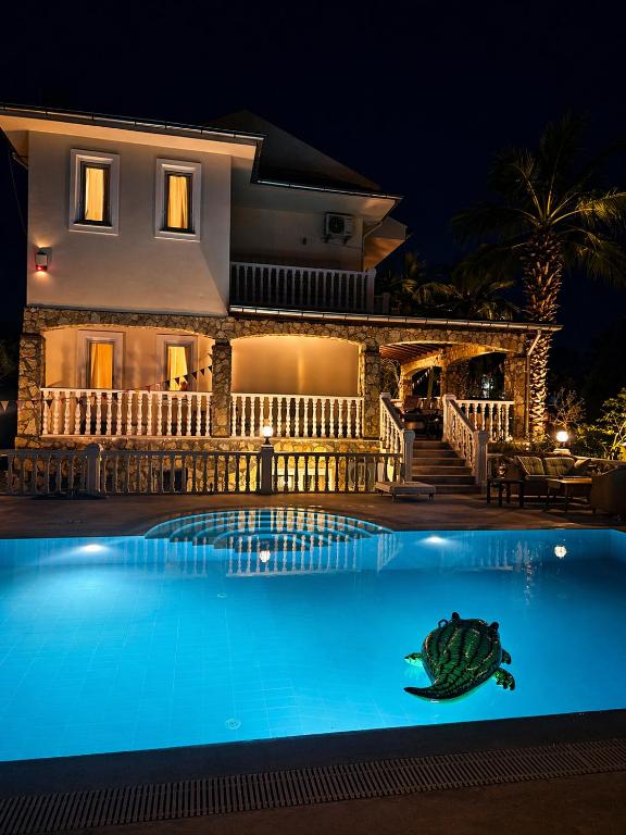 a house with a turtle in the middle of a swimming pool at night at Villa Belle ,Fethiye in Fethiye