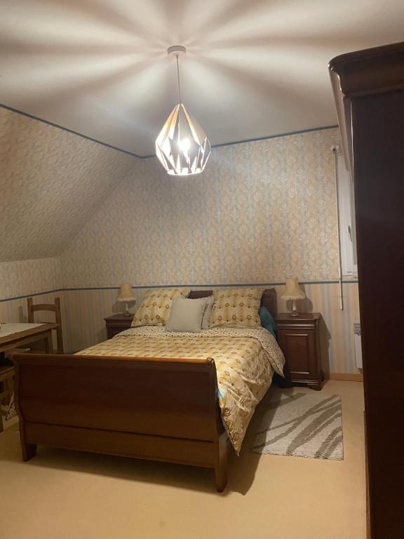 a bedroom with a bed and a chandelier at Oasis de Bonheur à Amaryllis in La Guierche