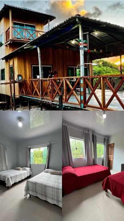 two pictures of a room with two beds and a house at Recanto Paraiso Tropical- Praia Ajuruteua in Bragança