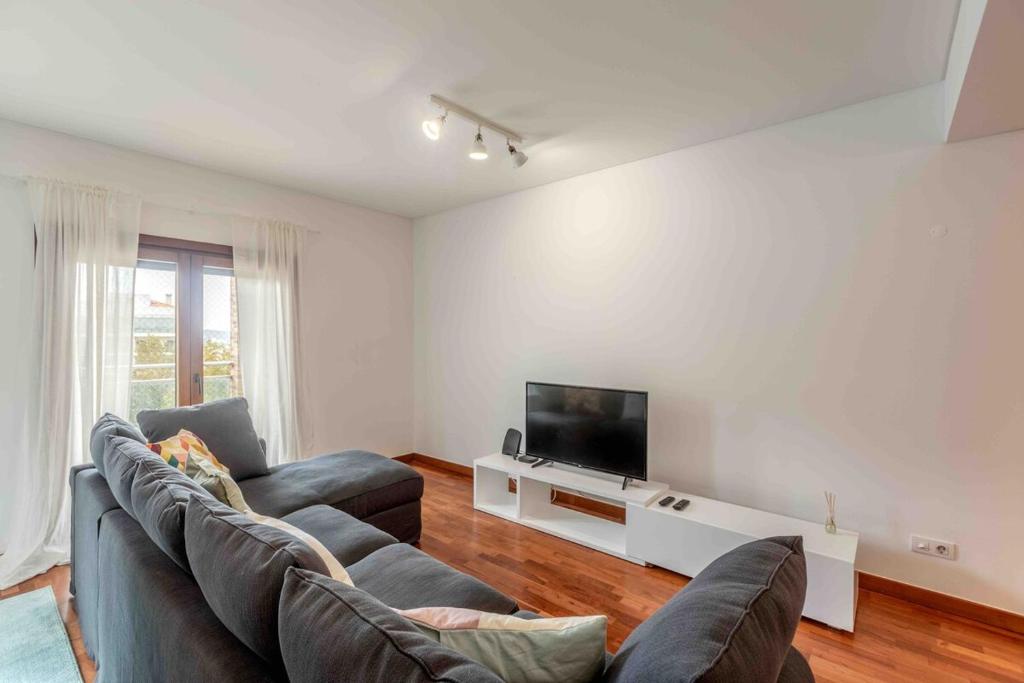 a living room with two couches and a flat screen tv at Modern 2 bedroom apt 20 min from city center in Amadora