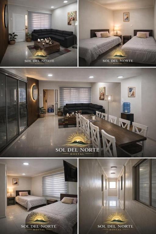 three different views of a bedroom and a living room at Hostal sol del norte in Paipote