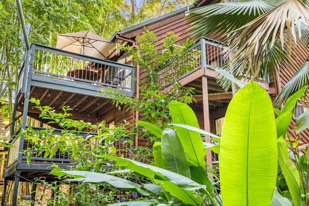 a tree house in the jungle with a balcony at The Bamboo Base at Buderim in Buderim
