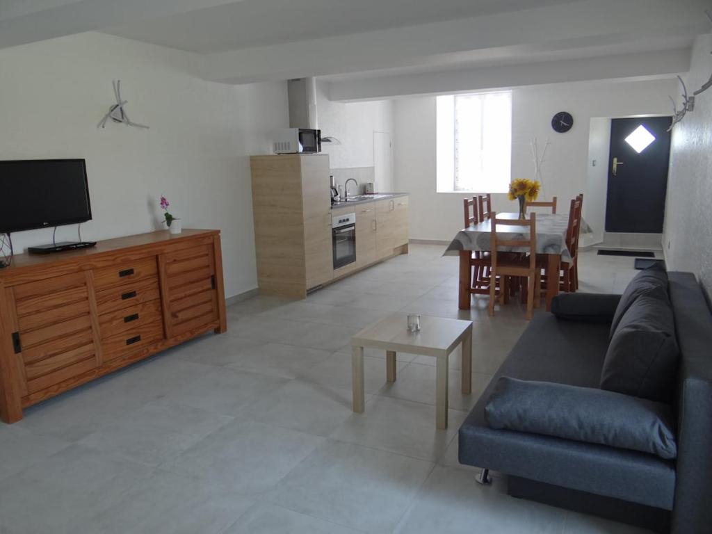 a living room with a couch and a tv and a table at Le Galaveyson in Saint-Clair-sur-Galaure