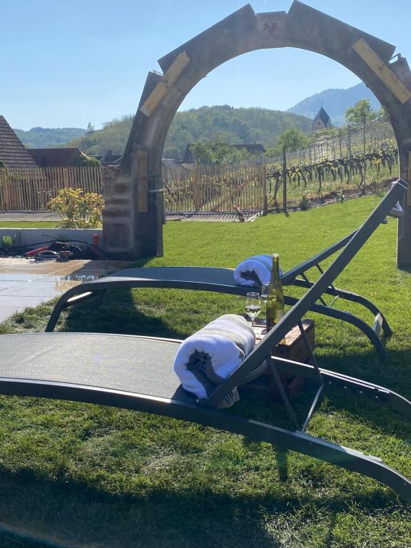 an airplane sitting on the grass in a field at Gite Ungersberg in Itterswiller