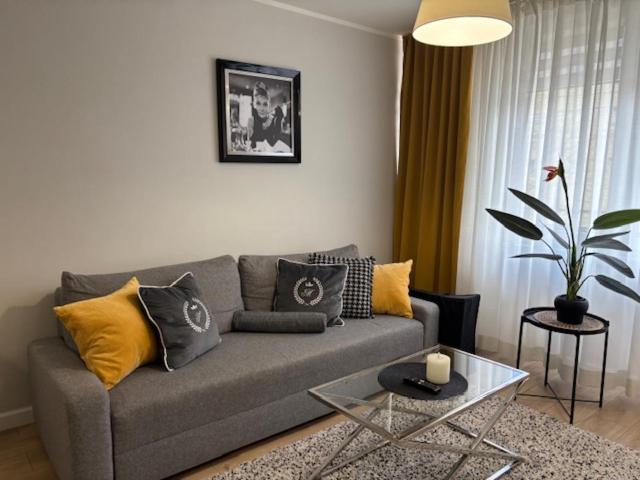a living room with a gray couch and a table at Apartament Rodzinny - Classic Olszowa - in Włocławek