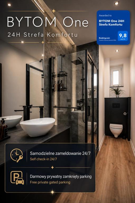 a advertisement for a bathroom with two sinks and a shower at BYTOM One 24H Strefa Komfortu in Bytom