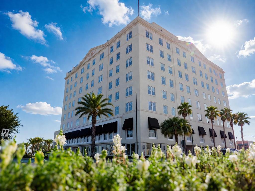 a large white building with palm trees in front of it at The Markham Hotel in Gulfport