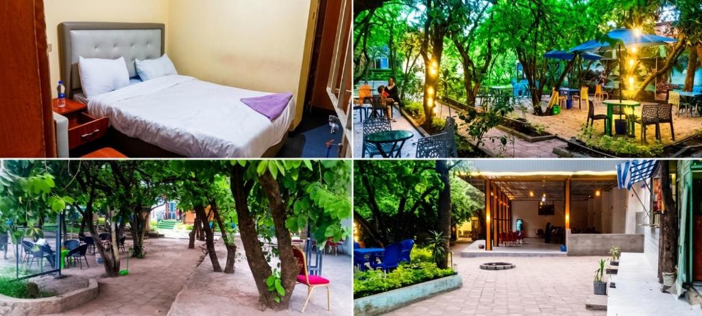 a collage of photos of a hotel room with a bed and a garden at Mathios Hotel & Menafesha in Butajīra