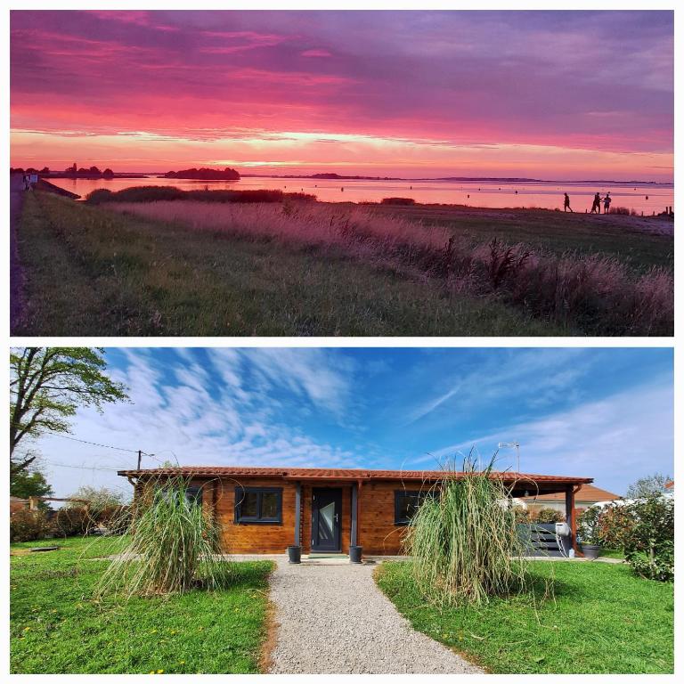 two pictures of a house with grass at Marne LAC DU DER JOLI CHALET AU CHARME DU DER in Châtillon-sur-Broué