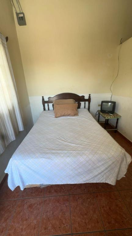 a bedroom with a bed with a pillow and a tv at Accommodation in Copán Ruinas #5 in Copán Ruinas