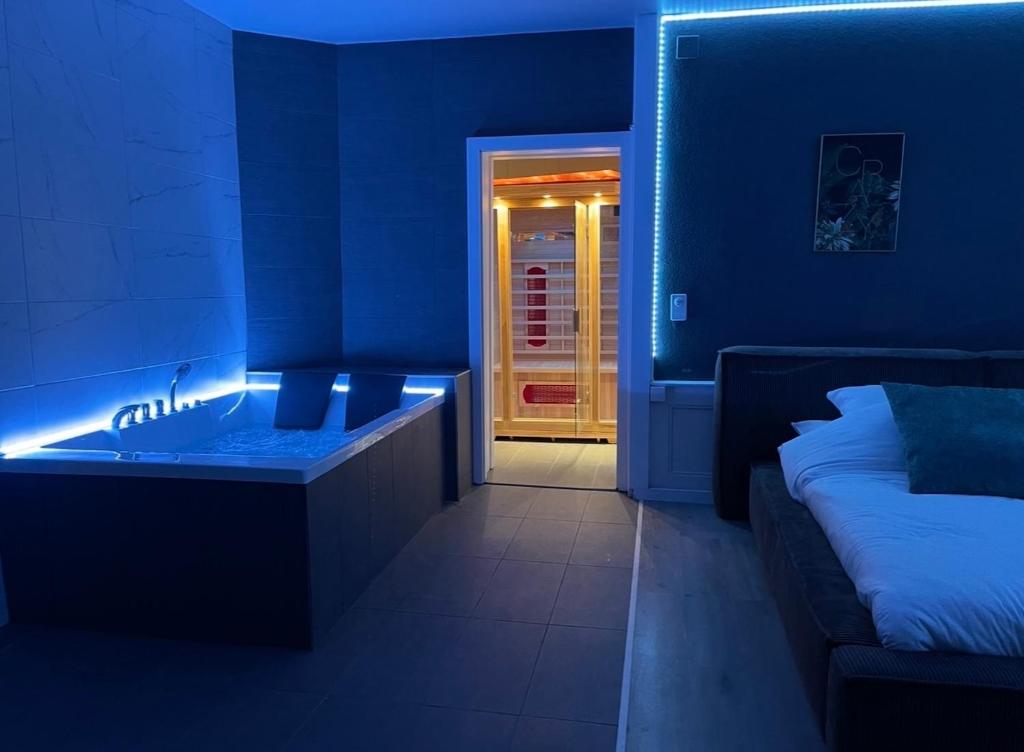 a blue room with a sink and a bed at La suite 44 in Le Locle