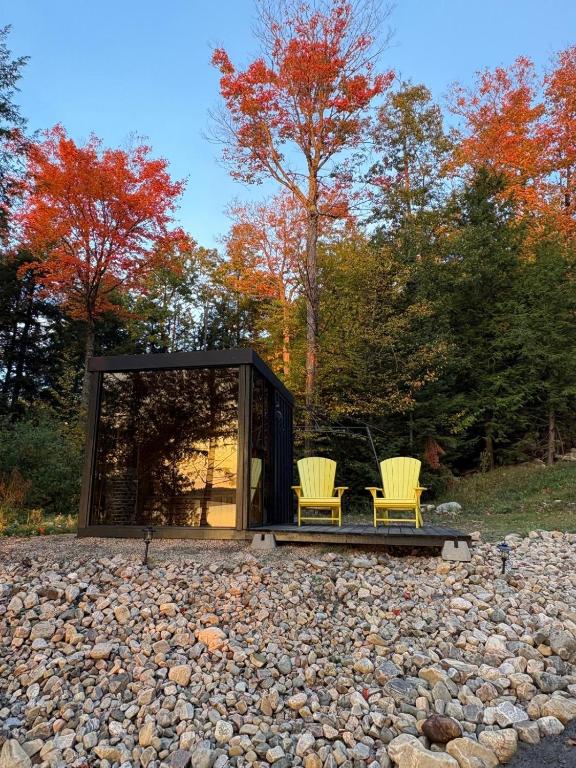 a black cabin with two chairs sitting on a pebble at Waterfront Algonquin Retreat,Hot Tub & Sauna in Barrys Bay