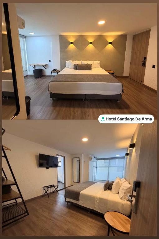 two pictures of a bedroom with a bed and a hotel sunrise do am at Hotel Santiago de Arma in Rionegro