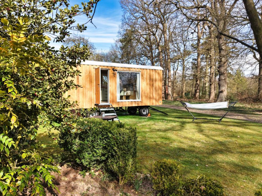 a tiny house sitting in a yard in a field at Auszeit in stilvollem Tiny House in Elsdorf