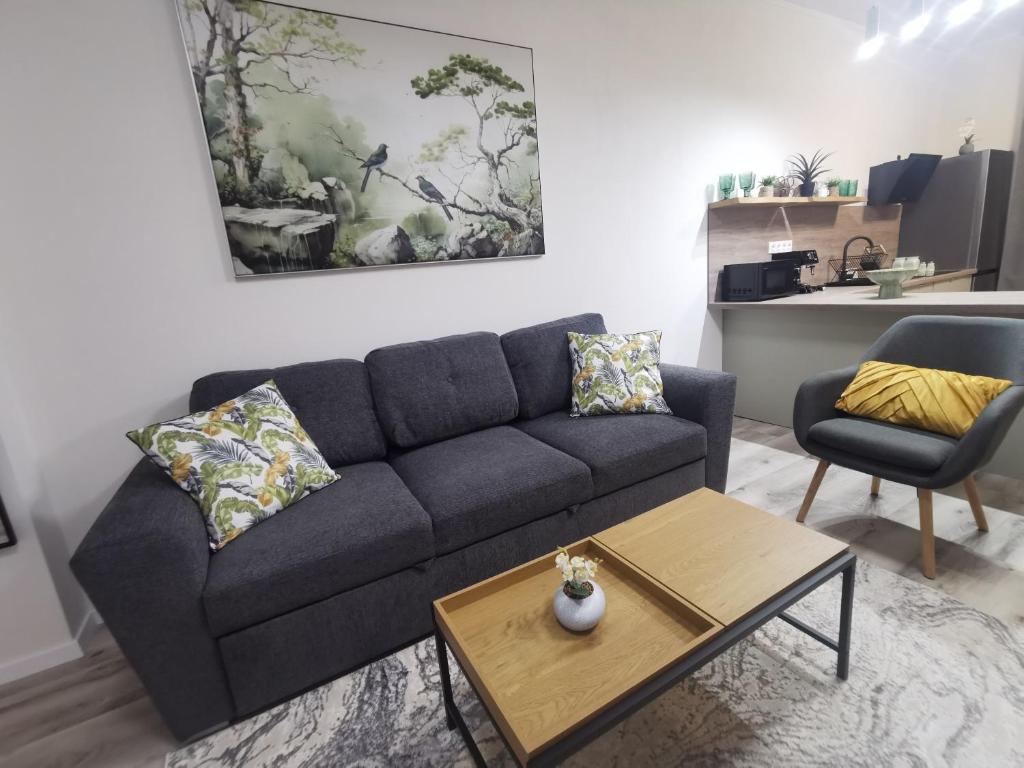 a living room with a couch and a table at River Apartman 2 in Odorheiu Secuiesc