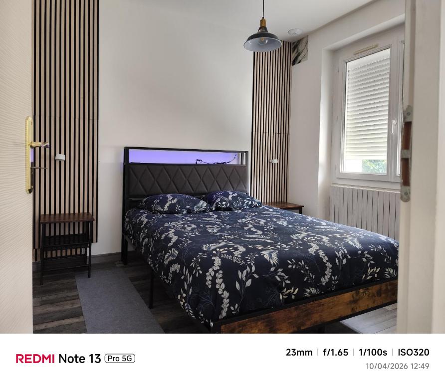 a bedroom with a bed with a blue comforter and a window at Theviennehouse in Cenon-sur-Vienne