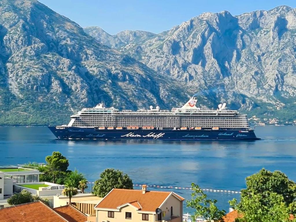 a cruise ship in the water with mountains in the background at Horizon Apartments in Prčanj