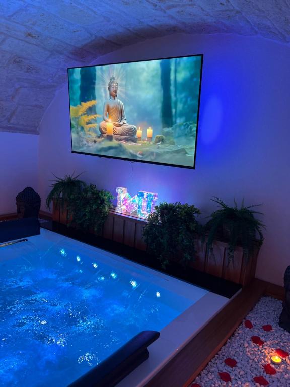 a room with a large swimming pool with a flat screen tv at Buonaventura house in Triggiano