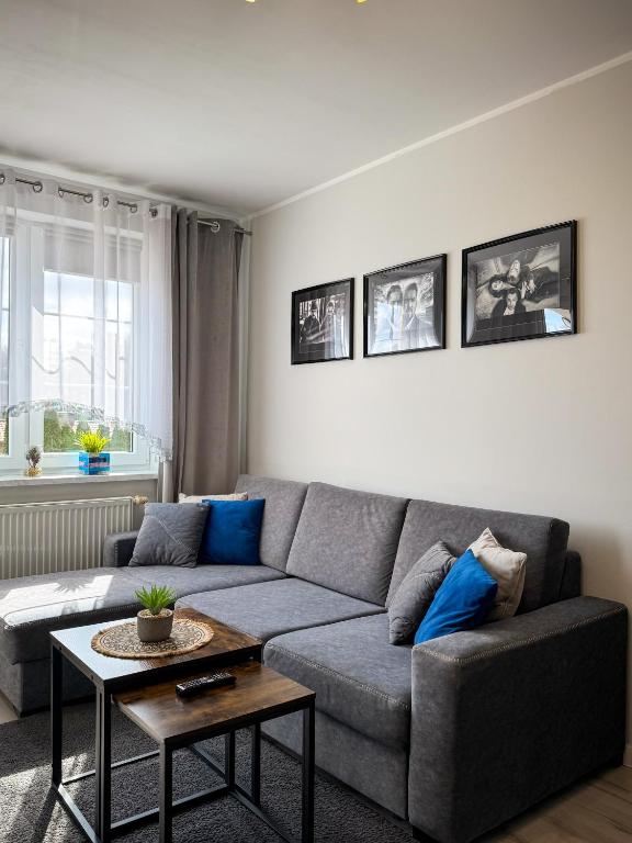 a living room with a gray couch and a table at Apartament Lake Piastowska in Ostróda