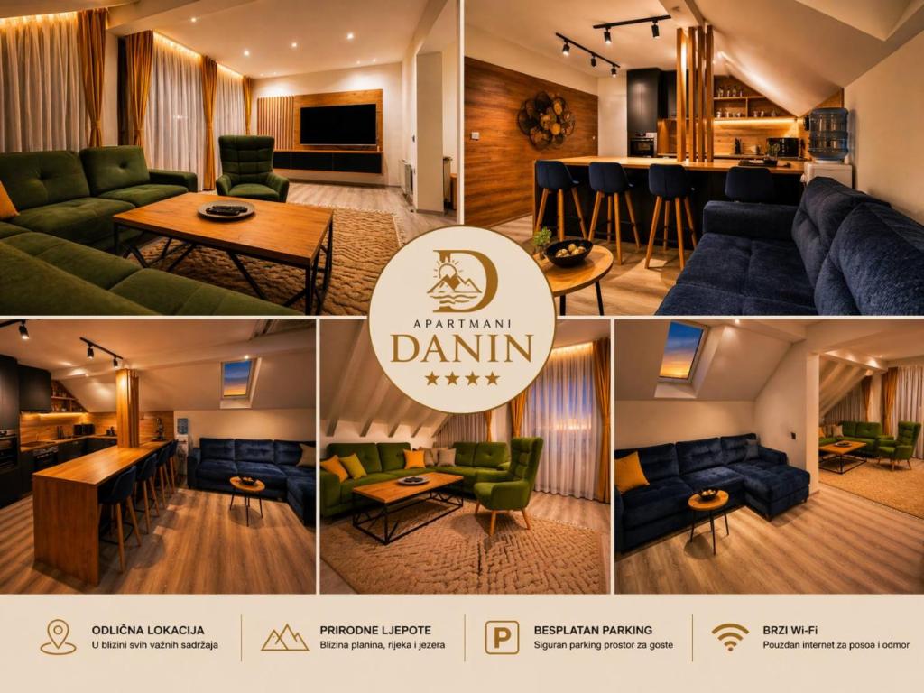 a collage of photos of a living room and dining room at Danin's Home in Tuzla